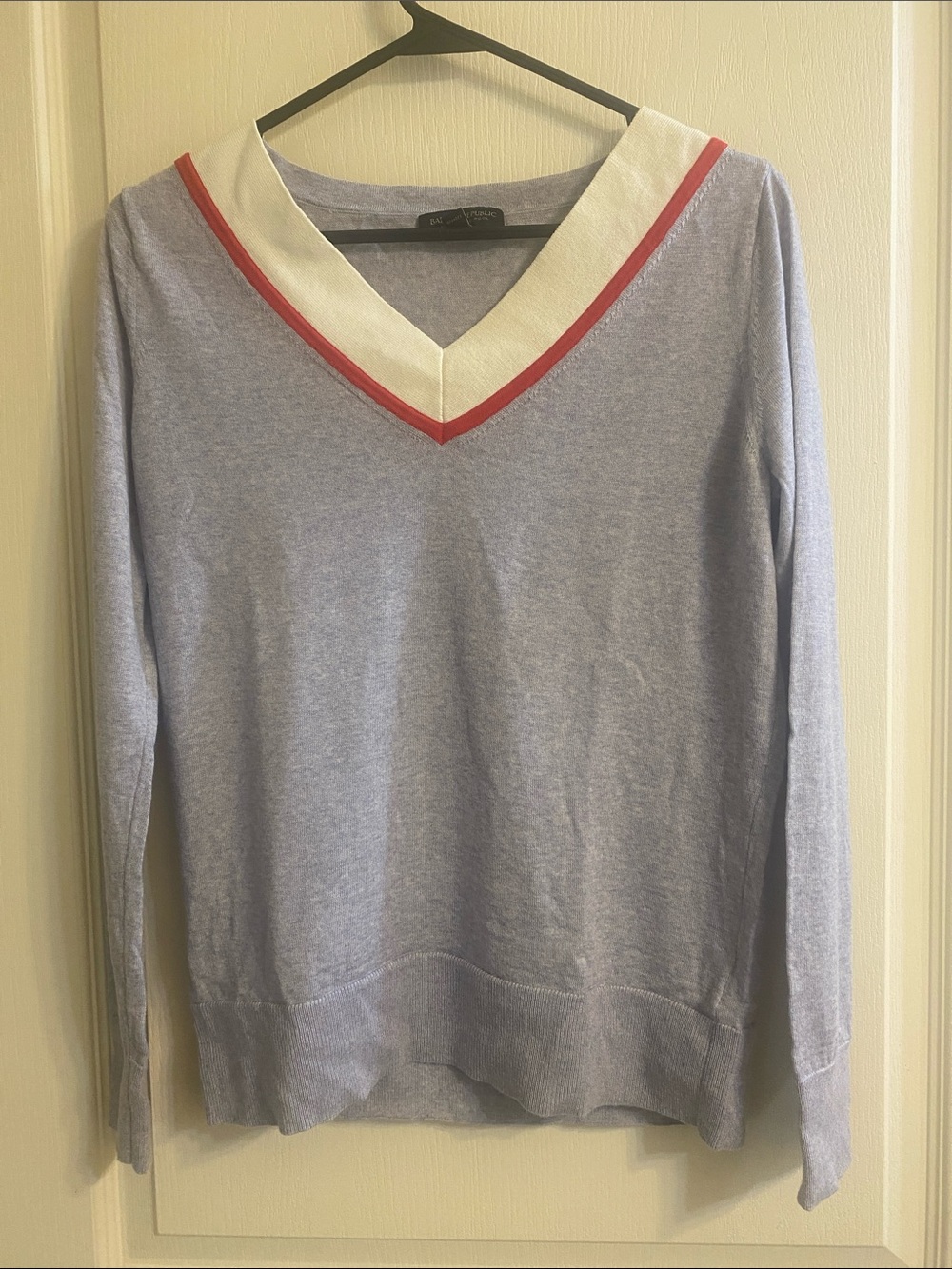 Banana Republic Light Blue V-Neck Sweater with Cream Collar and Red Trim